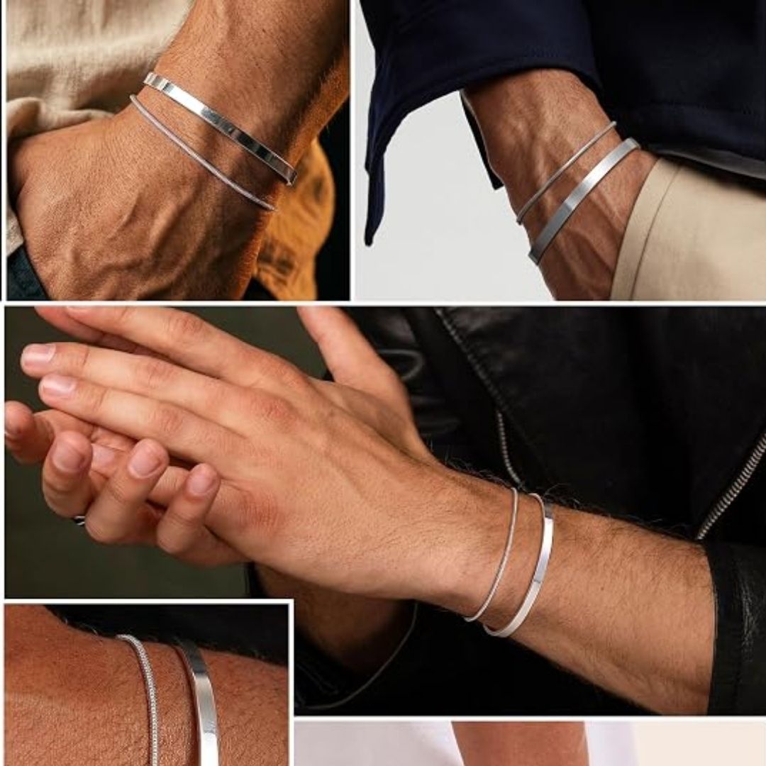 Silber-Armbandset – Stilfullt armbandsset i rostfritt stål med slät cuff och kedja